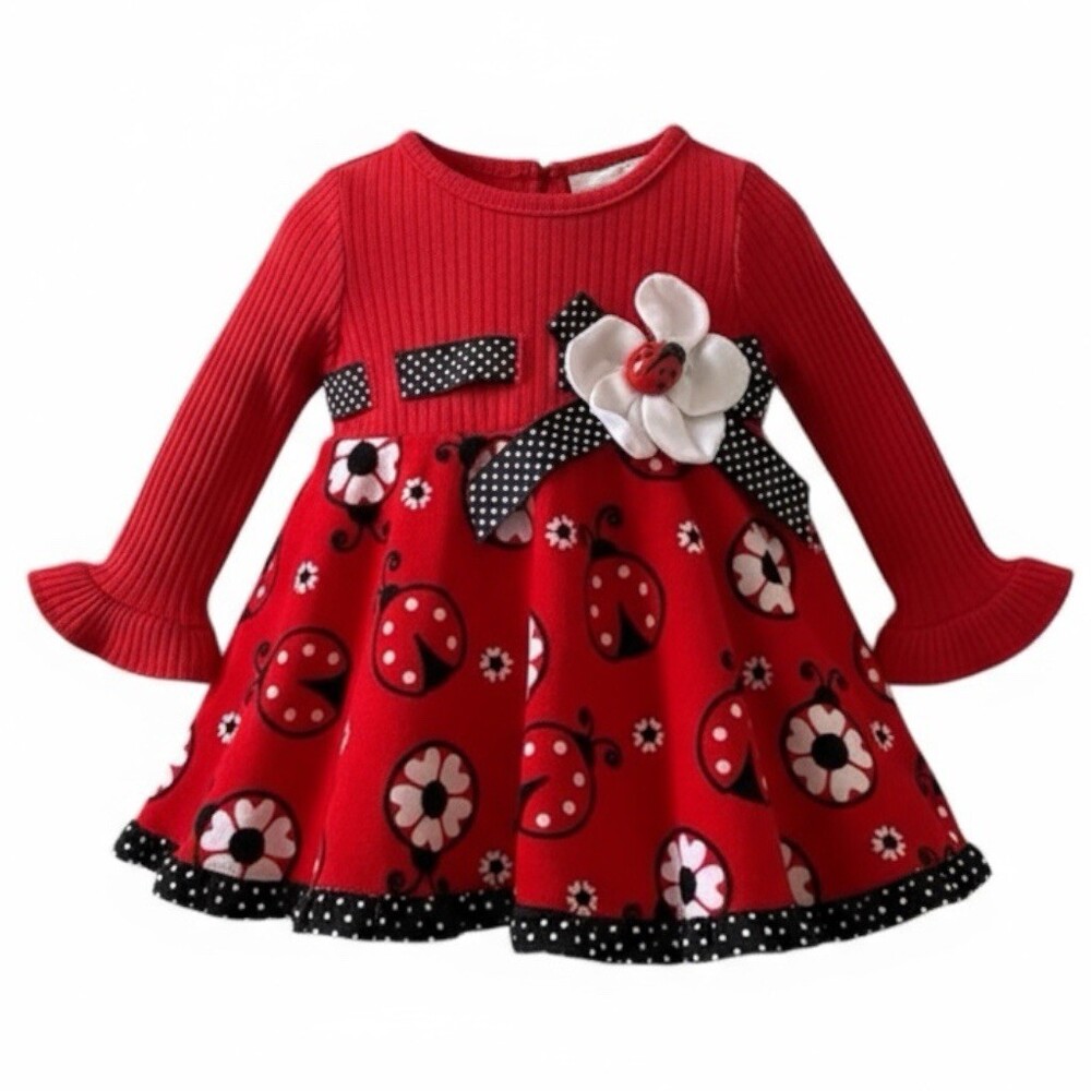 Rare Editions Ladybug Dress 3-6M Red Long Sleeve Ruffle Hem Floral Applique Baby